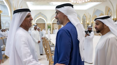 Sheikh Saud speaks with Sheikh Khaled bin Mohamed, Crown Prince of Abu Dhabi, and Sheikh Hamdan bin Zayed, Ruler’s Representative of Al Dhafra Region