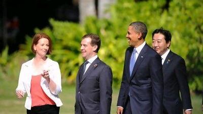 From left, Julie Gillard, the Australian prime minister, Dmitry Medvedev, the Russian president, Barack Obama, the US president, and Yoshihiko Noda, the Japanese prime minister, at the Asia-Pacific Economic Cooperation Summit, in Honolulu earlier this month.