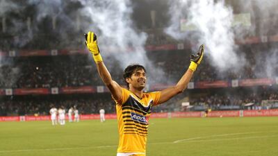 Atletico Kolkata goalkeeper Suvasish Roychowdhury celebrates the team's win in the inaugural Indian Super League match on Sunday in Kolkata. Piyal Adhikary / EPA / October 12, 2014