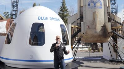 Jeff Bezos, chief executive officer of Amazon and founder of Blue Origin, speaks at the unveiling of the Blue Origin New Shepard system during the Space Symposium in Colorado Springs, Colorado on April 5, 2017. Bloomberg