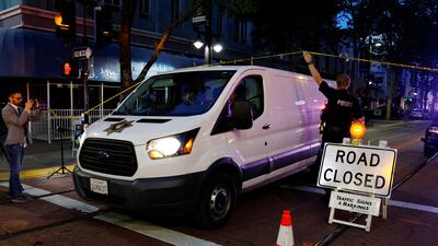 A coroner's van leaves the scene of an early-morning shooting near the Golden 1 Centre arena in Sacramento, California. Reuters