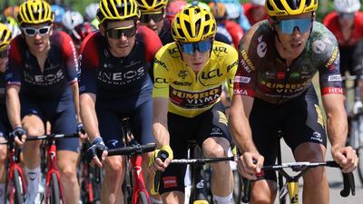 Jumbo-Visma's Jonas Vingegaard wearing the overall leader's yellow jersey. AFP