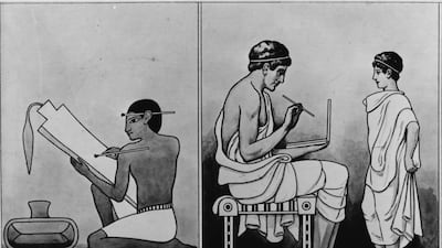 An Egyptian scribe and his pupil, circa 1650. Getty Images