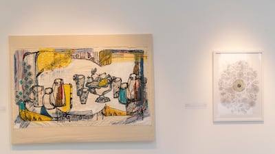 'Feast II', left, by Ghalia Kalaji, is part of a series of silkscreens that hint at the communal and familial side of food.