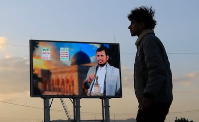 A billboard bears the image of Houthi leader Abdul-Malik Al Houthi in Sanaa, Yemen. EPA