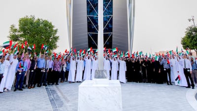 ABU DHABI, UAE, 02 November 2017: Team members of Aldar Properties (Aldar), Abu Dhabi’s leading listed property development, investment and management company, proudly raised the UAE flag today at Aldar’s headquarters in Abu Dhabi. Photo Courtesy: Aldar
