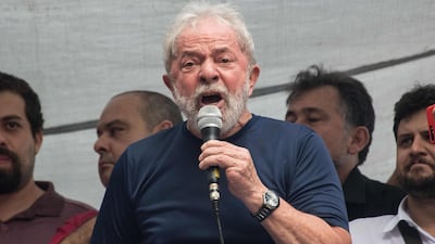 Former Brazilian president Luiz Inacio Lula da Silva speaks to supporters outside the metalworkers' union building in Sao Bernardo do Campo, in metropolitan Sao Paulo, on April 7, 2018. Neslon Almeida / AFP