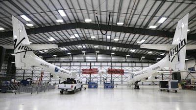 Virgin Galactic's WhiteKnightTwo carrier aircraft mothership, which landed safely after splitting from SpaceShipTwo, is seen in a hangar at Mojave Air and Space Port in Mojave, California. Reuters