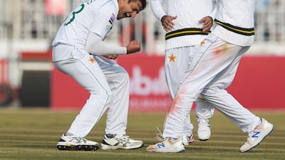 Pakistan's Mohammad Abbas celebrates after getting Sri Lanka's Dinesh Chandimal bowled in Rawalpindi on Wednesday. AFP