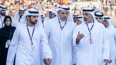 Sheikh Khaled bin Mohamed bin Zayed Al Nahyan, Crown Prince of Abu Dhabi and Chairman of Abu Dhabi Executive Council, with Sheikh Hamdan bin Mohammed and Khaldoon Al Mubarak, chairman of the Executive Affairs Authority and managing director and Group chief executive of Mubadala Investment Company. Abdulla Al Neyadi / Presidential Court