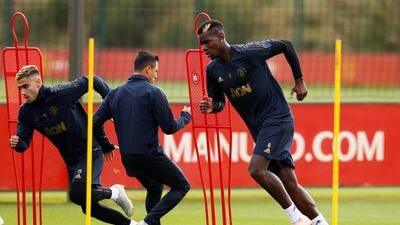 Andreas Pereira, Sanchez and Pogba during training. Action Images via Reuters