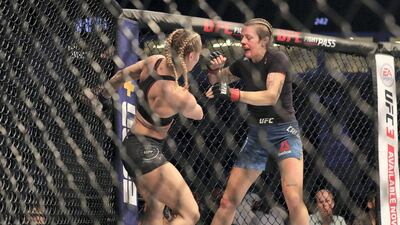 Abu Dhabi, United Arab Emirates - September 07, 2019: Women's Flyweight bout between Joanne Calderwood (blue shorts, winner) and Andrea Lee in the Prelims at UFC 242. Saturday the 7th of September 2019. Yas Island, Abu Dhabi. Chris Whiteoak / The National