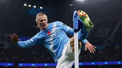 Erling Haaland celebrates scoring Manchester City's first goal in their 3-0 Premier League win over Liverpool at the Etihad Stadium on November 9, 2025. Reuters