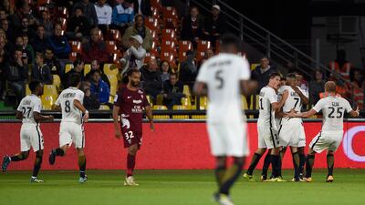 Monaco's players celebrate after Ramadel Falcao scores a goal against Metz. Jean-Christophe Verhaegen / AFP
