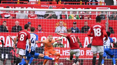 Rasmus Hojlund of Manchester United scores a goal that was chalked off by VAR. Getty