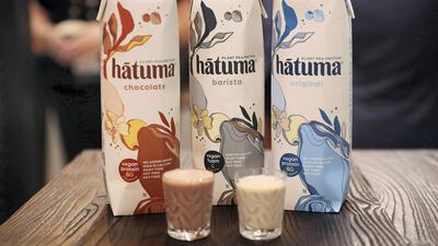 Hatuma pea protein vegan milk at the New Zealand stand at Gulfood 2020. Pawan Singh / The National
