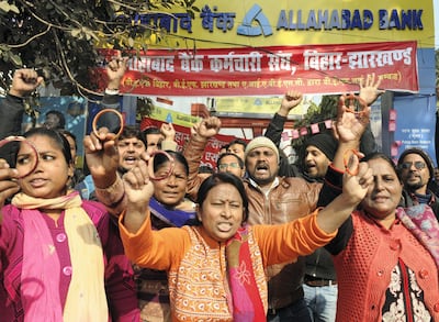 Bank employees stage a protest in Patna on January 9, 2019 during a two-day nationwide strike called by Indian trade unions.Hindustan Times via Getty Images