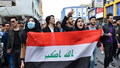 Iraqi students take part in an anti-government march calling for an overhaul of the political system and a non-controversial prime minister, in the southern Iraqi city of Nasiriyah on February 16, 2020. AFP