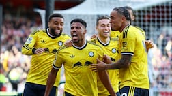 Leeds United's James Justin celebrates scoring against Arsenal last weekend. Reuters
