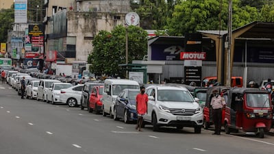 Vehicles queue as motorists fetch fuel from a gas station amid a fuel shortage in Colombo, Sri Lanka. EPA