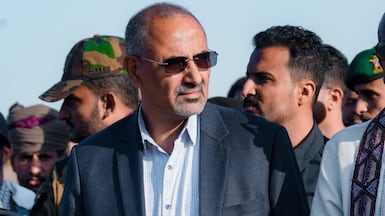 Aidarus Al Zubaidi during a funeral for fighters killed in recent clashes in south Yemen. Photo: STC