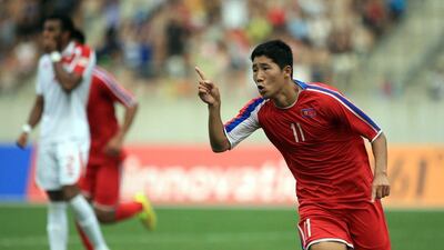 North Korea's Jong In-gwan celebrates his winning goal in added time against the UAE at the Asian Games quarter-finals on Sunday. Yonhap / AFP / September 28, 2014