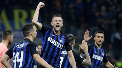 Inter Milan's Skriniar, centre, celebrates after his teammate scored his side's goal. AP Photo