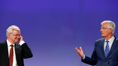 Britain's Secretary of State for Exiting the European Union David Davis and European Union's chief Brexit negotiator Michel Barnier hold a joint news conference marking the end of the third formal negotiation session in Brussels. Francois Lenoir/ Reuters