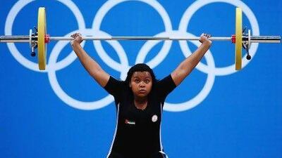 The Dubai schoolgirl Khadija Mohammed, competing in the women's 75kg weightlifting, lifted a total of 113kgs. Photos by Laurence Griffiths / Getty Images