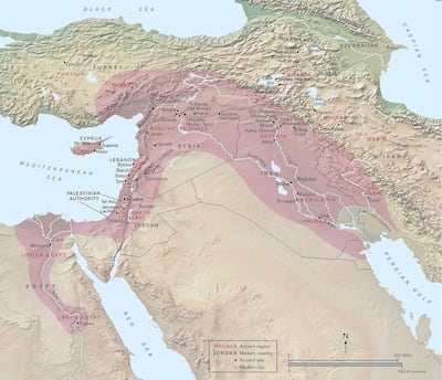 A map showing the extent of the Assyrian empire (in pink). Map produced by Paul Goodhead.