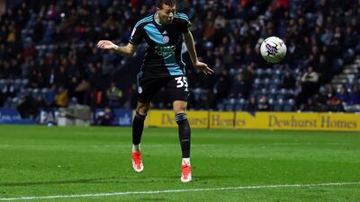 Kasey McAteer heads home Leicester's third goal against Preston. Getty Images
