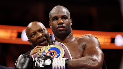 Daniel Dubois celebrates after winning his WBO world heavyweight title fight against Fabio Wardley. Reuters