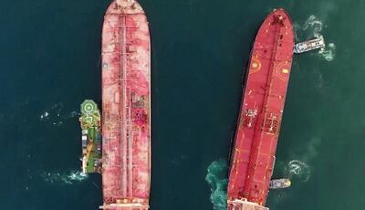 The Nautica, a replacement oil tanker, is positioned alongside the decaying FSO Safer off the coast of Yemen. Reuters