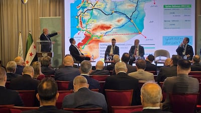 Yarub Badr speaking at the Syria-British Business Council conference in Damascus. Photo: Sana