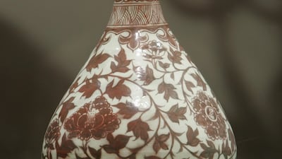 An early Ming underglaze copper-red vase is displayed after it was sold for a world record of US$10,122,558 for any Ming porcelain during Christie's "The Imperial Sale" auction in Hong Kong. Reuters