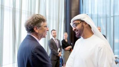 Sheikh Mohammed bin Zayed, Crown Prince of Abu Dhabi and Deputy Supreme Commander of the Armed Forces, with billionaire philanthropist Bill Gates before the summit yesterday. Sheikh Mohammed and Mr Gates have been working together for five years. Ryan Carter / Crown Prince Court - Abu Dhabi