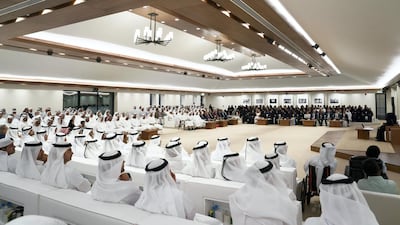 Razan Al Mubarak, delivers a lecture titled, ’For The Love of Nature: Innovative Philanthropy for Species Conservation Worldwide’, at Majlis Mohamed bin Zayed. Mohammed Al Hammadi / Crown Prince Court - Abu Dhabi