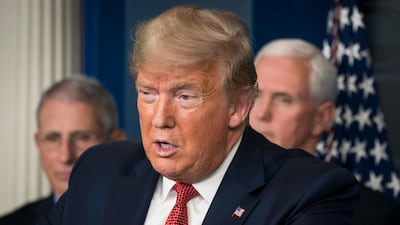 US President Donald Trump delivers remarks on the COVID-19 as the nation offers aid to Iran. EPA/SARAH SILBIGER