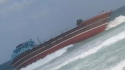 All of the ship’s crew were saved but the ship was completely submerged within hours. Courtesy Times of Oman