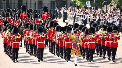 The Band of the Grenadier Guards on parade at the Queen Victoria Memorial. Getty Images