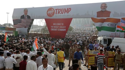 Indians line up at the entrance to enter the Sardar Patel stadium to attend the Namaste Trump event in Ahmedabad, India. AP Photo