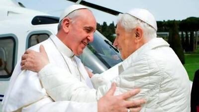 Pope Francis meets Pope emeritus Benedict XVI in Castel Gandolfo on Saturday. Osservatore Romano / Handout / AP Photo