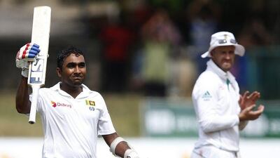 Mahela Jayawardene of Sri Lanka celebrates his century on Thursday against South Africa in the second Test. Dinuka Liyanawatte / Reuters / July 24, 2014