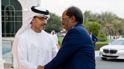 Sheikh Hazza bin Zayed Al Nahyan, Ruler's Representative in Al Ain Region, receives Mr Mohamud, at Al Bateen Palace. Hamad Al Kaabi / UAE Presidential Court
