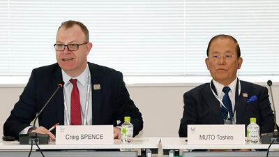 Tokyo Organising Committee CEO Toshiro Muto, right, and Craig Spence, head of communications of the International Paralympic Committee, attend a news conference in Tokyo where the coronavirus threat was discussed. AP Photo