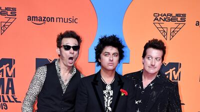 Mike Dirnt, Billie Joe Armstrong and Tre Cool of Green Day attend the MTV EMAs 2019 on November 3, 2019 in Seville, Spain. EPA