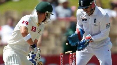 Brad Haddin, Marcus North and Ryan Harris were all out with the score on 286 and Xavier Doherty, above, managed to score just 5 before he was bowled out by Graeme Swann. Scott Barbour / Getty Images