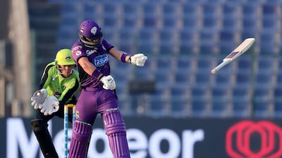 The bat of Ben Duckett of Hobart Hurricanes slipped out of his hands during the Abu Dhabi T20 cricket match between Lahore Qalanders vs Hobart Hurricanes held at Zayed Cricket Stadium in Abu Dhabi.