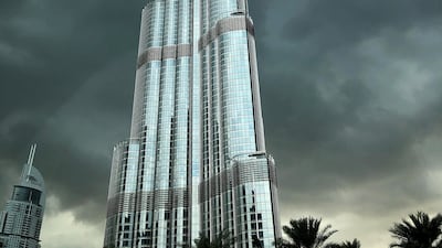 Burj Khalifa on a stormy day in Dubai.