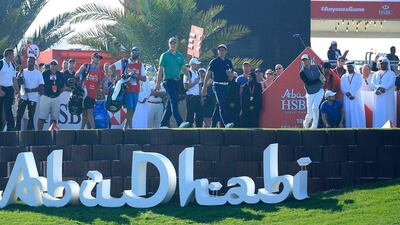 Jordan Spieth, Rory McIlroy and Rickei Fowler shown at the 18th tee on Thursday during the first round of the Abu Dhabi HSBC Golf Championship. David Cannon / Getty Images / January 21, 2016